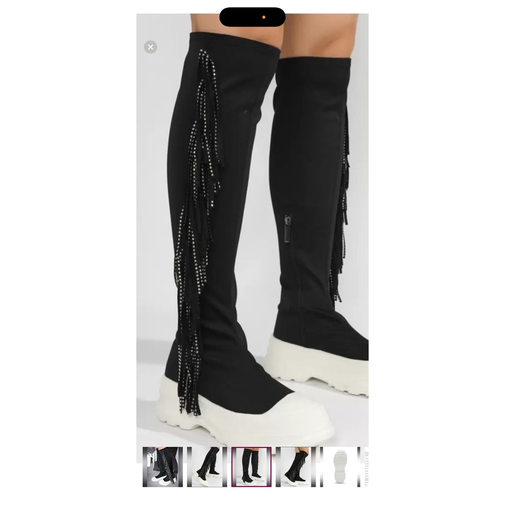 Black Rhinestone Fringe Platform Knee High Boots Chunky White Sole whimsygoth
